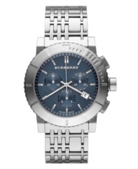 This Burberry timepiece features a check-inspired stainless steel bracelet and round case. Blue chronograph dial with check pattern features silver tone stick indices, minute track, date window, three subdials, three hands and logo. Swiss quartz movement. Water resistant to 100 meters. Two-year limited warranty. This Burberry timepiece features a check-inspired stainless steel bracelet and round case. Blue chronograph dial with check pattern features silver tone stick indices, minute track, date window, three subdials, three hands and logo. Swiss quartz movement. Water resistant to 100 meters. Two-year limited warranty.