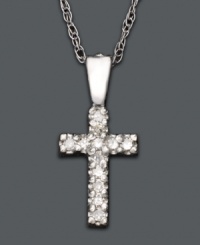 Delicate and shimmering, this diamond-accented cross pendant is perfect for your little darling. Necklace set in 14k white gold. Approximate length: 15 inches. Approximate drop: 1/2 inch. Delicate and shimmering, this diamond-accented cross pendant is perfect for your little darling. Necklace set in 14k white gold. Approximate length: 15 inches. Approximate drop: 1/2 inch.