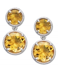 Brighten the mood. Two round-cut citrine gemstones (2-2/3 ct. t.w.) create an uplifting look on these double drop earrings. Post setting crafted in sterling silver. Approximate drop: 3/4 inch. Brighten the mood. Two round-cut citrine gemstones (2-2/3 ct. t.w.) create an uplifting look on these double drop earrings. Post setting crafted in sterling silver. Approximate drop: 3/4 inch.