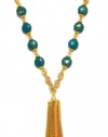 Rachel Reinhardt Kate 14k Gold Plated Multi-Chain Necklace with Gold Veined Turquoise Beads and Gold Tassel