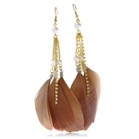 Light Brown Feather, Pearl, and Rhinestone Dangle Earrings, 5 1/2 Inches, CLEARANCE PRICED, LIMITED QUANTITY AVAILABLE Light Brown Feather, Pearl, and Rhinestone Dangle Earrings, 5 1/2 Inches, CLEARANCE PRICED, LIMITED QUANTITY AVAILABLE