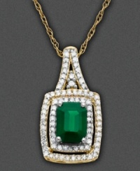 Go green with this beautiful 14k necklace, adorned with round-cut diamonds (1/4 ct. t.w.) and a cushion-cut emerald (1 ct. t.w.). Measures approximately 18 inches long with a 3/4-inch drop.