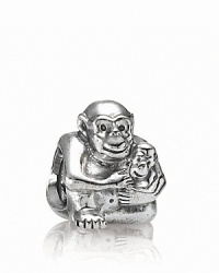 PANDORA's sterling silver charm depicts a devoted mama chimp cradling her smiling baby. PANDORA's sterling silver charm depicts a devoted mama chimp cradling her smiling baby.