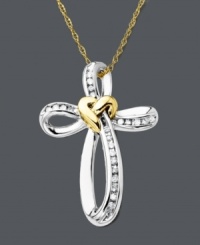 Express your faith in shimmery style. Swirling cross pendant crafted in polished sterling silver with a 14k gold heart accent. Channel-set diamonds dust the surface for extra sparkle. Approximate length: 18 inches. Approximate drop: 1-1/5 inches. Express your faith in shimmery style. Swirling cross pendant crafted in polished sterling silver with a 14k gold heart accent. Channel-set diamonds dust the surface for extra sparkle. Approximate length: 18 inches. Approximate drop: 1-1/5 inches.