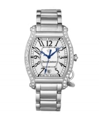 Decadent details accent the curves of this Dalton watch by Juicy Couture. Stainless steel bracelet and tonneau case with iconic crown charm. Bezel crystallized with Swarovski elements at left and right. Silver tone dial features black numerals at markers, minute track, heart-shaped date window at six o'clock, three royal blue hands and logos. Quartz movement. Water resistant to 30 meters. Two-year limited warranty. Decadent details accent the curves of this Dalton watch by Juicy Couture. Stainless steel bracelet and tonneau case with iconic crown charm. Bezel crystallized with Swarovski elements at left and right. Silver tone dial features black numerals at markers, minute track, heart-shaped date window at six o'clock, three royal blue hands and logos. Quartz movement. Water resistant to 30 meters. Two-year limited warranty.
