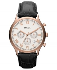 A vintage-inspired chronograph watch in rosy tones from Fossil's Ansel collection. A vintage-inspired chronograph watch in rosy tones from Fossil's Ansel collection.