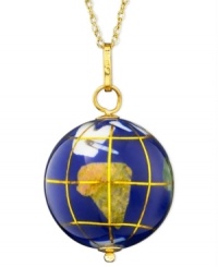 Give her the world! This handcrafted enameled globe pendant is inlaid with lapis, jade, jasper and a host of other semi-precious stones from around the world. Accented in gleaming 14k yellow gold, 15mm globe hangs from a matching 18 gold chain with spring-ring clasp. The perfect gift for the avid traveler! Give her the world! This handcrafted enameled globe pendant is inlaid with lapis, jade, jasper and a host of other semi-precious stones from around the world. Accented in gleaming 14k yellow gold, 15mm globe hangs from a matching 18 gold chain with spring-ring clasp. The perfect gift for the avid traveler!