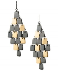 Kenneth Cole New York stays in good shape with this pair of chandelier earrings. Crafted from gold- and hematite-tone mixed metal, the pair's geometric accents bring a modern approach to the mix. Approximate drop: 3-1/4 inches. Kenneth Cole New York stays in good shape with this pair of chandelier earrings. Crafted from gold- and hematite-tone mixed metal, the pair's geometric accents bring a modern approach to the mix. Approximate drop: 3-1/4 inches.