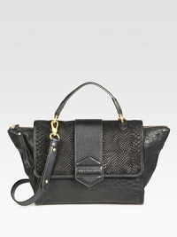 A modern and chic style in supple leather accented with python embossed suede.Leather top handle, 3½ dropDetachable leather shoulder strap, 19 dropTop zip closure with hook flapOne inside zip pocketTwo inside open pocketsFully lined11W X 9H X 5DImported A modern and chic style in supple leather accented with python embossed suede.Leather top handle, 3½ dropDetachable leather shoulder strap, 19 dropTop zip closure with hook flapOne inside zip pocketTwo inside open pocketsFully lined11W X 9H X 5DImported