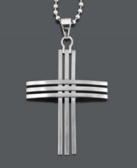Show off symbolic style. This unique men's pendant features a three row cross on a matching bead chain. Crafted in stainless steel. Approximate length: 24 inches. Approximate drop width: 1-1/2 inches. Approximate drop length: 2 inches. Show off symbolic style. This unique men's pendant features a three row cross on a matching bead chain. Crafted in stainless steel. Approximate length: 24 inches. Approximate drop width: 1-1/2 inches. Approximate drop length: 2 inches.