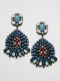 A colorful Swarovski crystal drop design accented with a dyed howlite stone. Swarovski crystalsDyed howliteOxide-plated brassDrop, about 3Post backMade in USA A colorful Swarovski crystal drop design accented with a dyed howlite stone. Swarovski crystalsDyed howliteOxide-plated brassDrop, about 3Post backMade in USA