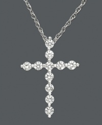 Give the ultimate gift of faith, with some serious sparkle. This cross pendant features certified near colorless round-cut diamond (1/2 ct. t.w.) in a shining 14k white gold setting. Approximate length: 18 inches. Approximate drop: 3/4 inch. Give the ultimate gift of faith, with some serious sparkle. This cross pendant features certified near colorless round-cut diamond (1/2 ct. t.w.) in a shining 14k white gold setting. Approximate length: 18 inches. Approximate drop: 3/4 inch.