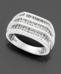 This handsome ring is gleaming with good cheer and three rows of round-cut diamonds (1 ct. t.w.). Set in 14k white gold. This handsome ring is gleaming with good cheer and three rows of round-cut diamonds (1 ct. t.w.). Set in 14k white gold.