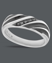 Intriguing design, perfect for your guy. This intricate men's ring features a swirling design accentuated by five, round-cut black diamonds (1/10 ct. t.w.) and black rhodium accents. Crafted in sterling silver. Size 10-1/2. Intriguing design, perfect for your guy. This intricate men's ring features a swirling design accentuated by five, round-cut black diamonds (1/10 ct. t.w.) and black rhodium accents. Crafted in sterling silver. Size 10-1/2.