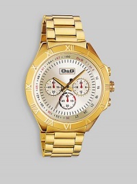 A golden touch for every work or weekend look in polished stainless steel with a chronograph dial and quartz precision. Case, 1¾ Water resistant to 50 ATM Quartz movement Imported A golden touch for every work or weekend look in polished stainless steel with a chronograph dial and quartz precision. Case, 1¾ Water resistant to 50 ATM Quartz movement Imported