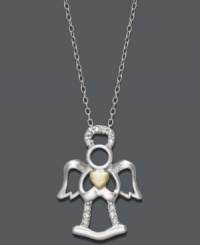 Everyone needs a guardian angel. This pretty pendant with its cut-out angel design is highlighted by round-cut diamonds (1/10 ct. t.w.) and a chic sterling silver setting with an 18k gold over sterling silver heart accent. Approximate length: 18 inches. Approximate drop: 1 inch. Everyone needs a guardian angel. This pretty pendant with its cut-out angel design is highlighted by round-cut diamonds (1/10 ct. t.w.) and a chic sterling silver setting with an 18k gold over sterling silver heart accent. Approximate length: 18 inches. Approximate drop: 1 inch.