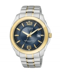 Harness the power of light and timelessly handsome styling with this Eco-Drive watch by Citizen. Two-tone stainless steel bracelet and round case with goldtone bezel. Brushed blue dial with satin inner dial features goldtone numerals at twelve and six o'clock, stick indices, perpetual calendar date window at three o'clock, luminous hands, and logo. Analog movement. Water resistant to 200 meters. Five-year limited warranty. Harness the power of light and timelessly handsome styling with this Eco-Drive watch by Citizen. Two-tone stainless steel bracelet and round case with goldtone bezel. Brushed blue dial with satin inner dial features goldtone numerals at twelve and six o'clock, stick indices, perpetual calendar date window at three o'clock, luminous hands, and logo. Analog movement. Water resistant to 200 meters. Five-year limited warranty.