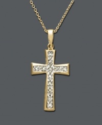 An alluring way to express your faith, this cross necklace features round-cut channel-set diamonds (1/10 ct. t.w.) within an 18k gold and sterling silver setting. Approximate length: 18 inches. Approximate drop: 1-1/4 inches. An alluring way to express your faith, this cross necklace features round-cut channel-set diamonds (1/10 ct. t.w.) within an 18k gold and sterling silver setting. Approximate length: 18 inches. Approximate drop: 1-1/4 inches.