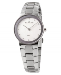 Distinct yet understated, this Skagen Denmark watch carries timeless grace. Silvertone stainless steel bracelet and round case. Round white dial with logo and Swarovski crystal accent indices. Quartz movement. Water resistant to 30 meters. Limited lifetime warranty. Distinct yet understated, this Skagen Denmark watch carries timeless grace. Silvertone stainless steel bracelet and round case. Round white dial with logo and Swarovski crystal accent indices. Quartz movement. Water resistant to 30 meters. Limited lifetime warranty.