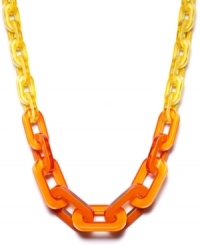 Bored out of your mind? Brighten up in Bar III's startling statement necklace. Yellow, orange, and dark orange-colored acrylic links provide a bold splash of citrus. Extension chain and clasp crafted in mixed metal. Approximate length: 19-1/2 inches + 2-inch extender. Bored out of your mind? Brighten up in Bar III's startling statement necklace. Yellow, orange, and dark orange-colored acrylic links provide a bold splash of citrus. Extension chain and clasp crafted in mixed metal. Approximate length: 19-1/2 inches + 2-inch extender.
