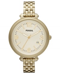 A slim bracelet silhouette holds a large case on this Heather collection watch, by Fossil. A slim bracelet silhouette holds a large case on this Heather collection watch, by Fossil.