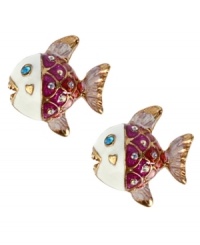Take a dip this season. Betsey Johnson's deep-sea style features pretty pink and white fish with sparkling crystal accents. Crafted in antique gold tone mixed metal. Approximate diameter: 3/4 inch. Take a dip this season. Betsey Johnson's deep-sea style features pretty pink and white fish with sparkling crystal accents. Crafted in antique gold tone mixed metal. Approximate diameter: 3/4 inch.