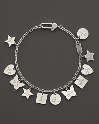 Hearts, stars,squares, circles and butterflies, in sterling silver and stamped with the Gucci logo, dangle from a dainty chain. Hearts, stars,squares, circles and butterflies, in sterling silver and stamped with the Gucci logo, dangle from a dainty chain.