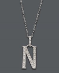 Spell it out in sparkle! This personalized initial charm necklace makes the perfect gift for Noelle or Nancy. Features sparkling, round-cut diamond accents. Setting and chain crafted in 14k white gold. Approximate length: 18 inches. Approximate drop: 1/2 inch. Spell it out in sparkle! This personalized initial charm necklace makes the perfect gift for Noelle or Nancy. Features sparkling, round-cut diamond accents. Setting and chain crafted in 14k white gold. Approximate length: 18 inches. Approximate drop: 1/2 inch.
