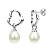 Heart Shape Love Sterling Silver and 8-9mm White Cultured Pearl Stud Earring. Heart Shape Love Sterling Silver and 8-9mm White Cultured Pearl Stud Earring.