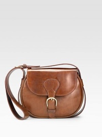Rich saddle leather in a graceful, classic shape with a front buckle flap.Adjustable buckle shoulder strap, 15-21 drop Buckled front flap closure One inside zip pocket Suede lining 11W X 8H X 3D Made in Italy Rich saddle leather in a graceful, classic shape with a front buckle flap.Adjustable buckle shoulder strap, 15-21 drop Buckled front flap closure One inside zip pocket Suede lining 11W X 8H X 3D Made in Italy