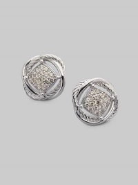 From the Infinity Collection. Gracefully intertwining bands of sterling silver, one cabled, one smooth, surround a center of radiant pavé diamonds. Diamonds, 0.36 tcw Sterling silver Diameter, about ½ Post back Imported From the Infinity Collection. Gracefully intertwining bands of sterling silver, one cabled, one smooth, surround a center of radiant pavé diamonds. Diamonds, 0.36 tcw Sterling silver Diameter, about ½ Post back Imported