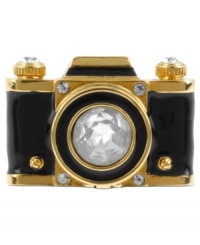 Point and shoot for fierce style. This Betsey Johnson stretch ring captures memories with its black camera design, prettied up with crystal accents. Crafted in antiqued gold tone mixed metal. Ring stretches to fit finger. Point and shoot for fierce style. This Betsey Johnson stretch ring captures memories with its black camera design, prettied up with crystal accents. Crafted in antiqued gold tone mixed metal. Ring stretches to fit finger.
