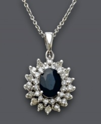 Add a burst of sparkle to your neckline. This stunning pendant from Royalty Inspired by Effy Collection features an oval-cut faceted sapphire (1-9/10 ct. t.w.) surrounded by two sparkling rows of round-cut diamonds (1 ct. t.w.). Crafted in 14k white gold. Approximate length: 18 inches. Approximate drop: 1 inch. Add a burst of sparkle to your neckline. This stunning pendant from Royalty Inspired by Effy Collection features an oval-cut faceted sapphire (1-9/10 ct. t.w.) surrounded by two sparkling rows of round-cut diamonds (1 ct. t.w.). Crafted in 14k white gold. Approximate length: 18 inches. Approximate drop: 1 inch.
