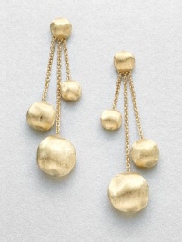 A simply elegant, 18k gold design featuring three graduated, engraved drops on delicate link chains. 18k goldDrop, about 2.2Post backMade in Italy A simply elegant, 18k gold design featuring three graduated, engraved drops on delicate link chains. 18k goldDrop, about 2.2Post backMade in Italy