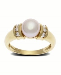 Sheer glamour in white on white. This ring design presents an 8mm cultured pearl offset by the brilliance of diamond. accents. Set in 14k gold. Sheer glamour in white on white. This ring design presents an 8mm cultured pearl offset by the brilliance of diamond. accents. Set in 14k gold.