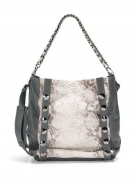 THE LOOKChain-and-leather shoulder strapFlat leather crossbody strapSquare silhouettePython stamped leather front and back panelsMagnetic top closureVertical side straps with gunmetal pyramid studsSmooth leather side panels with logo foil printOne inside zip pocketTwo inside open pocketsInside key clipInside logo detailTHE MEASUREMENTShoulder strap, 5 dropCrossbody strap THE LOOKChain-and-leather shoulder strapFlat leather crossbody strapSquare silhouettePython stamped leather front and back panelsMagnetic top closureVertical side straps with gunmetal pyramid studsSmooth leather side panels with logo foil printOne inside zip pocketTwo inside open pocketsInside key clipInside logo detailTHE MEASUREMENTShoulder strap, 5 dropCrossbody strap
