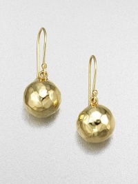 Wonderfully simple, wonderfully shimmering spheres of hammered 18k gold. 18k yellow gold Drop, about 1 Diameter, about ½ Ear wire Imported Wonderfully simple, wonderfully shimmering spheres of hammered 18k gold. 18k yellow gold Drop, about 1 Diameter, about ½ Ear wire Imported
