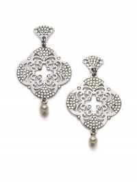 THE LOOKClover silhouette with drop faux pearl detail White crystal stone accentsFiligree designSilverplated brass settingPost backTHE MEASUREMENTWidth, about 1¼Length, about 2ORIGINImported THE LOOKClover silhouette with drop faux pearl detail White crystal stone accentsFiligree designSilverplated brass settingPost backTHE MEASUREMENTWidth, about 1¼Length, about 2ORIGINImported