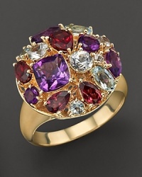 A sparkling mosaic of white sapphire, amethyst, aquamarine, and garnet set in 14K yellow gold. A sparkling mosaic of white sapphire, amethyst, aquamarine, and garnet set in 14K yellow gold.