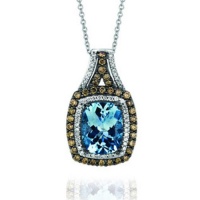 LeVian 14K White Gold Pendant Featuring a 2.00 Carats Cushion Aquamarine Surrounded by 0.57 Carat Total Chocolate and White Diamonds on 18 Chain