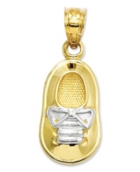 Commemorate your brand new bouncing baby boy. This precious charm features a baby shoe in 14k gold with rhodium laces. Chain not included. Approximate length: 1 inch. Approximate width: 2/5 inch. Commemorate your brand new bouncing baby boy. This precious charm features a baby shoe in 14k gold with rhodium laces. Chain not included. Approximate length: 1 inch. Approximate width: 2/5 inch.