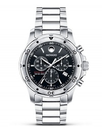 This Movado bracelet chronograph watch is crafted of solid Performance Steel™ and powered by a precise Swiss quartz chronograph movement. With rotating bezel, black dial, applied markers and butterfly deployment clasp. This Movado bracelet chronograph watch is crafted of solid Performance Steel™ and powered by a precise Swiss quartz chronograph movement. With rotating bezel, black dial, applied markers and butterfly deployment clasp.