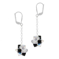Sterling Silver Black and Aurorae Boreale Swarovski Elements Ball Drop on Chain Lever Back Earrings