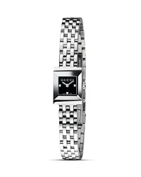 A sleek minimalist design from Gucci's G-Frame collection, this analog watch features a succinct square face with black lacquered dial, with diamond accent. A sleek minimalist design from Gucci's G-Frame collection, this analog watch features a succinct square face with black lacquered dial, with diamond accent.