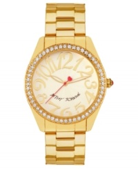 Fashion you can count on. This Betsey Johnson watch showcases crystal accents and large numerals at the dial. Fashion you can count on. This Betsey Johnson watch showcases crystal accents and large numerals at the dial.