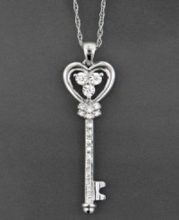 Victorian-era elegance is showcased in this stunning diamond necklace featuring round-cut diamonds (1/10 ct. t.w.) set in a 14k white gold key pendant. Approximate length: 18 inches. Approximate drop: 1-1/2 inches. Victorian-era elegance is showcased in this stunning diamond necklace featuring round-cut diamonds (1/10 ct. t.w.) set in a 14k white gold key pendant. Approximate length: 18 inches. Approximate drop: 1-1/2 inches.