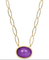 Adorn yourself with the season's hottest hues: jewel tones! This eye-catching pendant features a faceted oval-cut amethyst (10-3/4 ct. t.w.) set in 18k gold over sterling silver on a unique oval link chain. Approximate length: 18 inches. Approximate drop length: 5/8 inch. Approximate drop width: 1 inch. Adorn yourself with the season's hottest hues: jewel tones! This eye-catching pendant features a faceted oval-cut amethyst (10-3/4 ct. t.w.) set in 18k gold over sterling silver on a unique oval link chain. Approximate length: 18 inches. Approximate drop length: 5/8 inch. Approximate drop width: 1 inch.