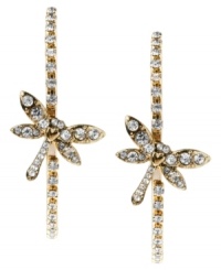 Spread your style wings with these chic hoops from Betsey Johnson. Earrings feature dragonfly charms and round-cut crystal accents. Crafted in gold tone mixed metal. Approximate diameter: 1-3/4 inches. Spread your style wings with these chic hoops from Betsey Johnson. Earrings feature dragonfly charms and round-cut crystal accents. Crafted in gold tone mixed metal. Approximate diameter: 1-3/4 inches.