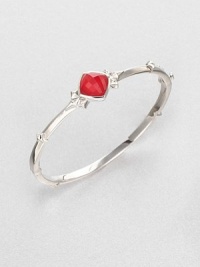 From the Superstud Collection. A sleek bangle of sterling silver with a white rhodium finish is dotted with spiked studs and highlighted by a faceted center stone layered with clear quartz crystal and coral-color glass crystal.Clear quartz crystalRed coral-color crystalRhodium-plated sterling silverDiameter, about 2.25Hinged with push-lock claspImported From the Superstud Collection. A sleek bangle of sterling silver with a white rhodium finish is dotted with spiked studs and highlighted by a faceted center stone layered with clear quartz crystal and coral-color glass crystal.Clear quartz crystalRed coral-color crystalRhodium-plated sterling silverDiameter, about 2.25Hinged with push-lock claspImported
