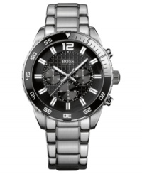 The structured look of stainless steel lends a look of luxury to this chronograph watch, by Hugo Boss. The structured look of stainless steel lends a look of luxury to this chronograph watch, by Hugo Boss.